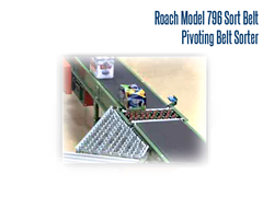 Roach Model 796 Sort Belt, Pivoting Belt Sorter shown on a conveyor line sorting packages