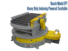 This Roach heavy duty indexing turntable includes model 297CDLR conveyor with heavy duty blade stops at each end. Product is conveyed to perpendicular conveyor lines eliminating wasted floor space resulting when large-radius tapered roller CDLR curves are used. 