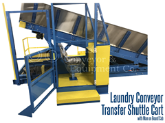 Laundry shuttle cart with man on board operating cab used for safely transferring laundry from washer to dryer