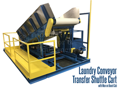 Laundry transfer conveyor with operator platform used in industrial laundry application to move laundry from washing to drying