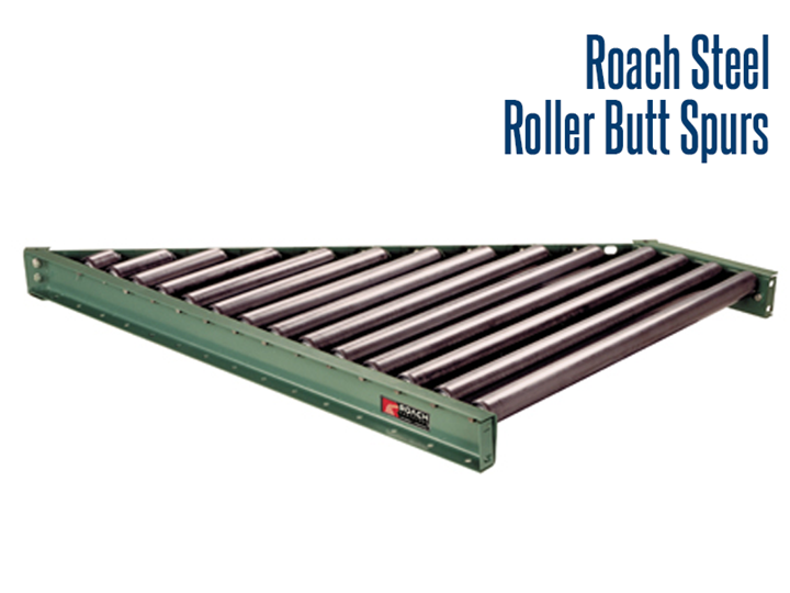 Gravity roller butt spurs are used to divert off or merge on, main trunk line conveyors at various angles