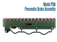 A Pneumatic Brake Assembly is mounted within the conveyor frame under the conveyor rollers. When actuated the brake presses against the rollers and will not allow the rollers to turn
