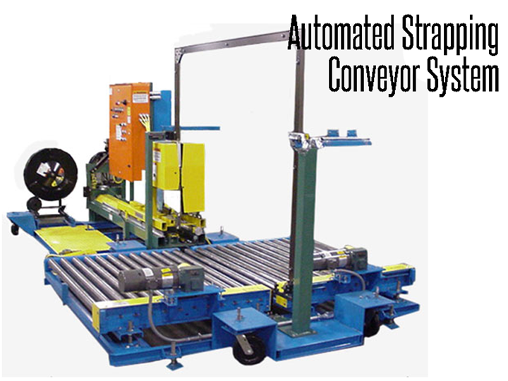 Automated Strapping Conveyor System, bands product on a pallet strapping line