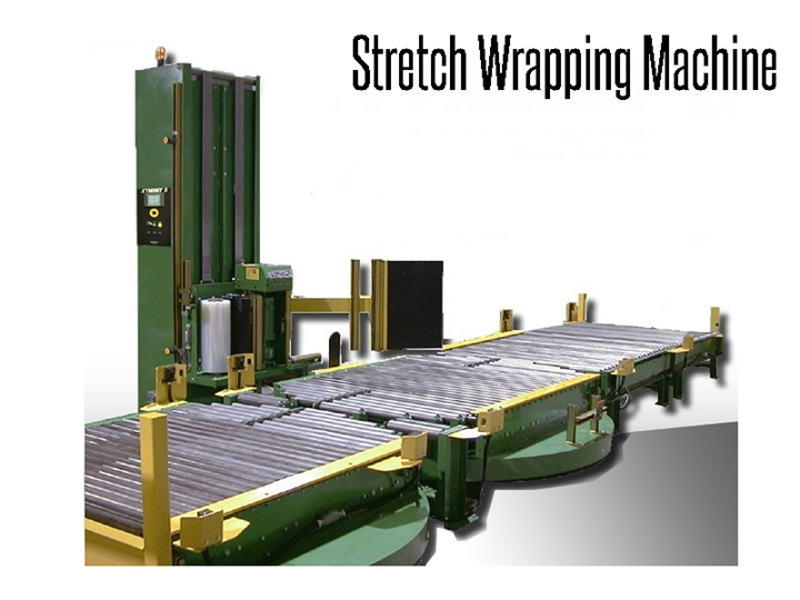 Stretch wrapping machine for efficient use of stretch film and safe product transportation.