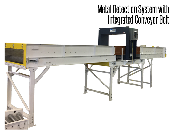 Metal detection system with conveyors for product protection in the Pharmaceutical, Manufacturing, Food and Beverage and Dry Bulk Storage industries