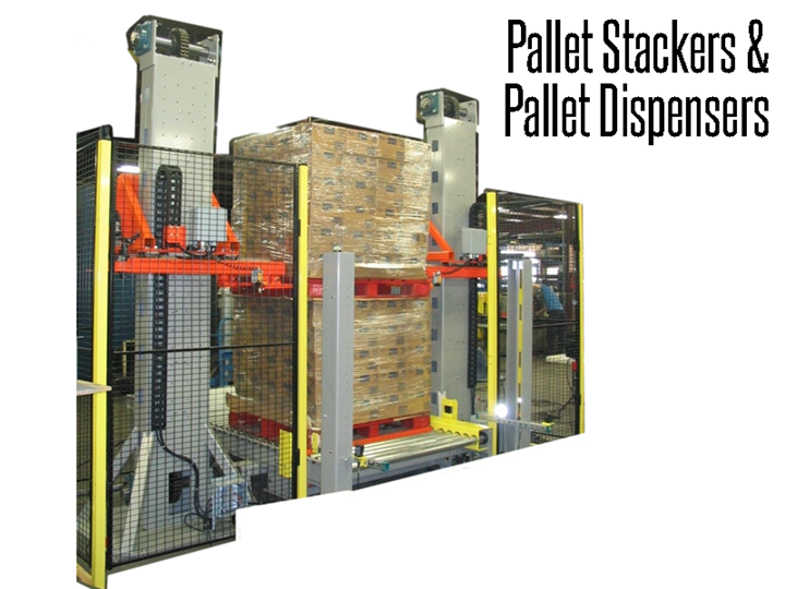 Pallet stackers and pallet dispensers replace manual handling of pallets in automated material handling systems