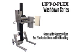 LIFT-O-FLEX Stainless Steel Washdown Series ergonomic lifter shown with Squeeze-O-Turn drum and rolling handling end effector.