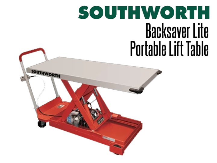 The Backsaver Lite Portable Lift Table features internal DC powered portable lift tables with chargers with hallmark integral charges with push button controls to raise and lower loads.