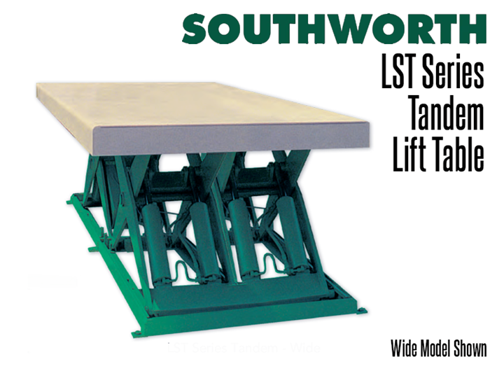 LST Tandem lifts provide level rise for long loads such as lumber, pipes, sheets, bar stock, and assemblies. 