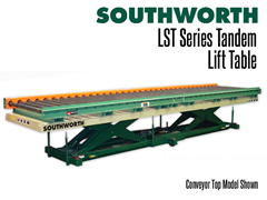 LST Series Tandem Lift Tables are wide and give level rise for long loads such as lumber, pipes, sheets, bar stock, and assemblies.  Conveyor top shown.