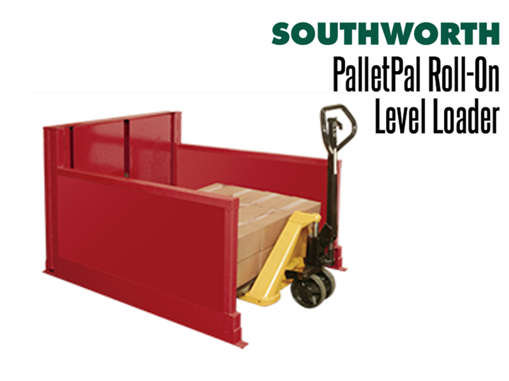 The PalletPal Roll–On Level Loader is a hydraulic pallet handler that lowers to floor height so pallets can easily be loaded and lifted with a lift truck.