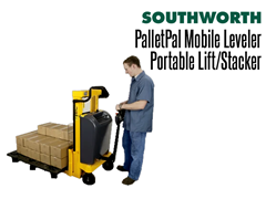 The PalletPal Mobile Leveler can deliver and remove loads quickly and easily without the expense of a ride-on fork truck. The straddle design accepts any pallet or skid.