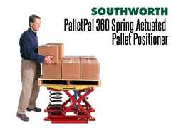 The PalletPal 360 utilizes a simple, automatic load leveler which uses a system of springs and shock absobers to raise and lower loads as boxes are added or removed from pallets.