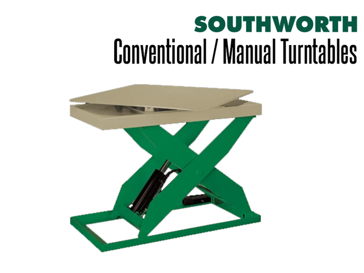 Any Southworth Lift Table can be fitted with a manual turntable top to improve worker productivity and make accessing loads easier.