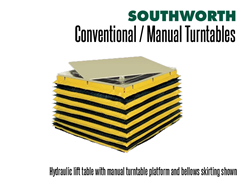 Hydraulic lift table with manual turntable platform and bellows skirting