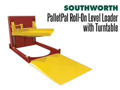 The PalletPal Roll-On Level Loader with Turntable lowers to floor height so pallets can be rolled on and off with a hand pallet truck. The lift is then easily adjusted by pushbutton or foot control to maintain an ideal height for manual loading and unloading.