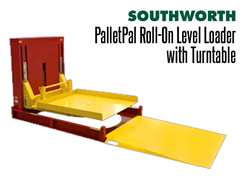 The PalletPal Roll-On Level Loader with Turntable has a Built-in Turntable,  Top Spins Loads for Convenience