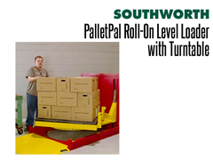 The PalletPal Roll-On Level Loader with Turntable Make Loads and Boxes at a Comfortable Height