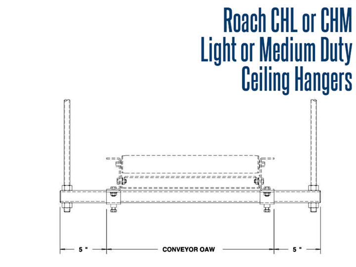 Ceiling Hangers provide sturdy means of gaining high conveyor elevations. This accessory is used when there is a need to maximize the utilization of floor space, or when a required height exceeds the floor support capability