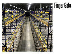 Finger gates shown being used a pick module impact gates on a multi-level gravity fed pallet rack.