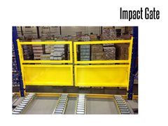 Impact gates are durable steel gates designed with spring loaded mechanisms allows for a self-closing operation when pallet loads pass through