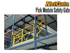 The NetGate™ Pick Module Safety Gate in use on an elevated mezzanine system