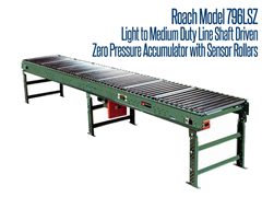 The Model 796LSZ is a horizontal line shaft driven conveyor, designed for zero pressure accumulation of product on sensor rollers. Ideal for light to medium duty applications, it quietly accumulates a wide variety of product sizes and features no minimum weight limitations.