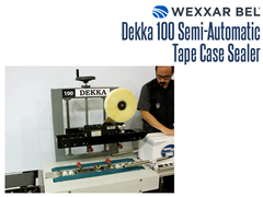 The Dekka 100 is a pressure sensitive, bottom belt, semi-automatic case sealer. It is designed to be the perfect pairing for the Dekka tape-head, providing an economic and reliable case sealing solution. 