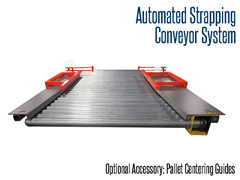 Pallet Centering Guides, Arms/Guide directs product into a center configuration on a pallet strapping conveyor line