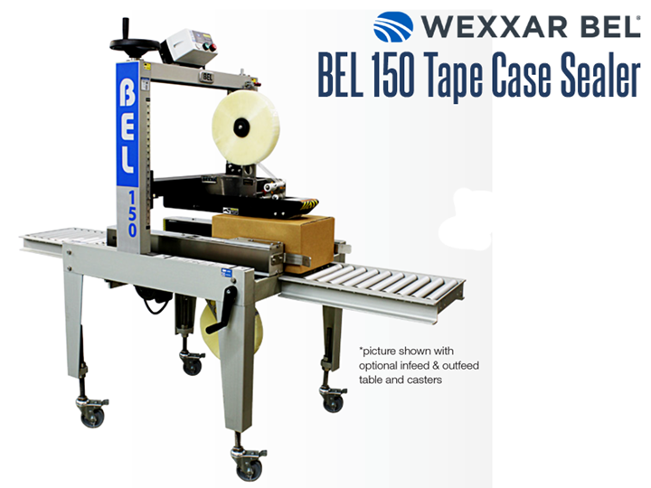 The BEL 150 is a semi-automatic, pressure sensitive, top and bottom tape case sealer. It is a versatile and compact machine that can seal a wide range of case sizes.  When combined with a BEL case former, it allows one operator to form, pack and seal corrugated cases in a single operation.