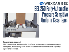 The BEL 250's innovative and powerful Uni-Drive system synchronizes conveyor belt speed, eliminating case skew so cases leave the machine squarely taped and secured.