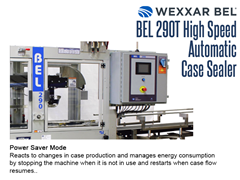 The BEL 290T features a Power Saver Mode which reacts to changes in case production and manages energy consumption by stopping the machine when not in use and restarting when case flow resumes.
