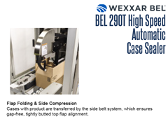 The cases with product are transferred by the side belt system of the BEL 290T, which ensures gap-free, tightly-butted top flap alignment.