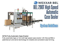 Pair the BEL 290T with a WF30 Fully Automatic Case Erector; Fully automatic tape or hotmelt high speed case erector with Wexxar/Bel’s patented pin and dome technology for reliable and consistent case forming.