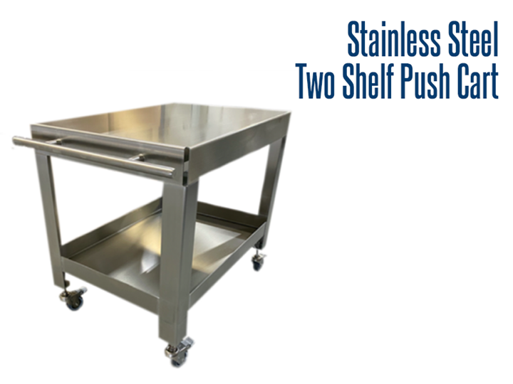 Stainless steel, hygienic, two shelf push cart with non-locking caster wheels