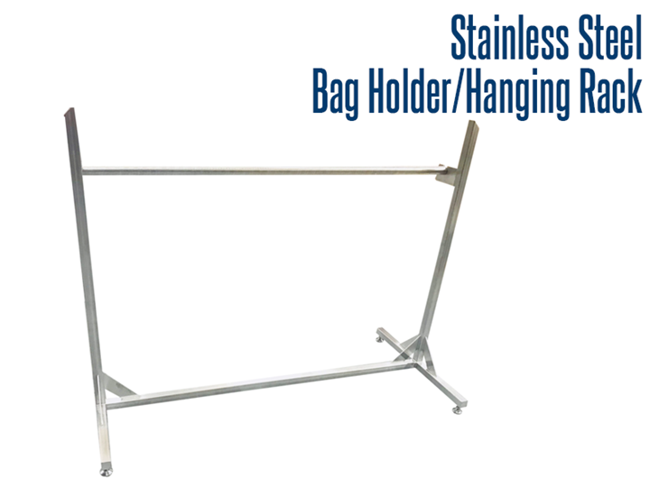 Our stainless steel bag rack / hanger rack is fully welded, allows for easy wash down and transfer of bagged items or hanging items throughout plant facilities. 