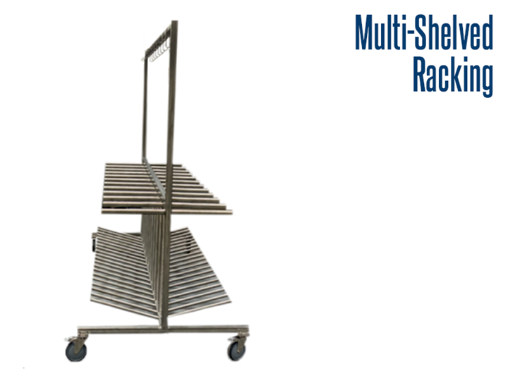 Our stainless steel multi-level racks are designed for use in various industries, including food service, pharmaceuticals, industrial and other industries that may require washdown capabilities. 