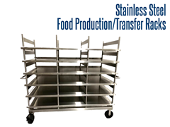 Our industrial stainless steel production and transfer racks are designed for use in the food service industry. They offer 6 levels of storage with lockable casters for easy moveability.