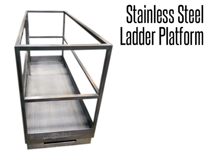 Our industrial stainless steel ladder platform is designed to provide employees with a safe, useable work space providing less fatigue, allowing for more comfortable working heights and better footing than a stand alone ladder.