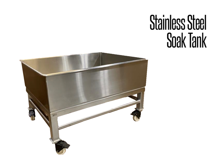 Our industrial stainless steel hygienic soak tank is constructed of fully welded 304 stainless steel.   It features locking, swivel casters for easy moveability.