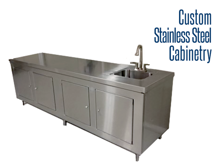 Our custom industrial stainless steel cabinets are constructed of fully welded 304 stainless steel.  