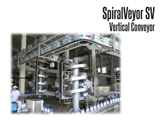 SpiralVeyor SV Vertical Conveyor with two spiral conveyors connecting an overhead conveyor system