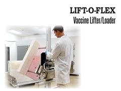 Lift O Flex Vaccine Loader Lifter shown lifting a vat of vaccine liquids onto a trolley
