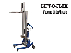 Lift O Flex Vaccine Loader Lifter shown with tray attachment/end effector in upright position