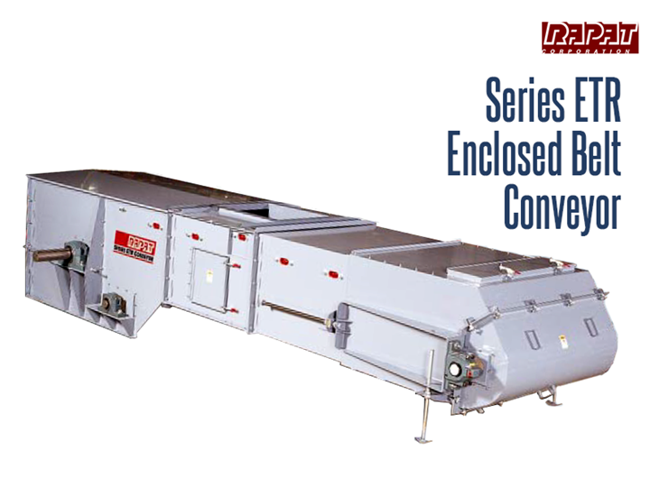 The Rapat Series ETR is an industrial duty totally enclosed frame conveyor with CEMA troughing idlers and a self-cleaning UHMW slide belt return