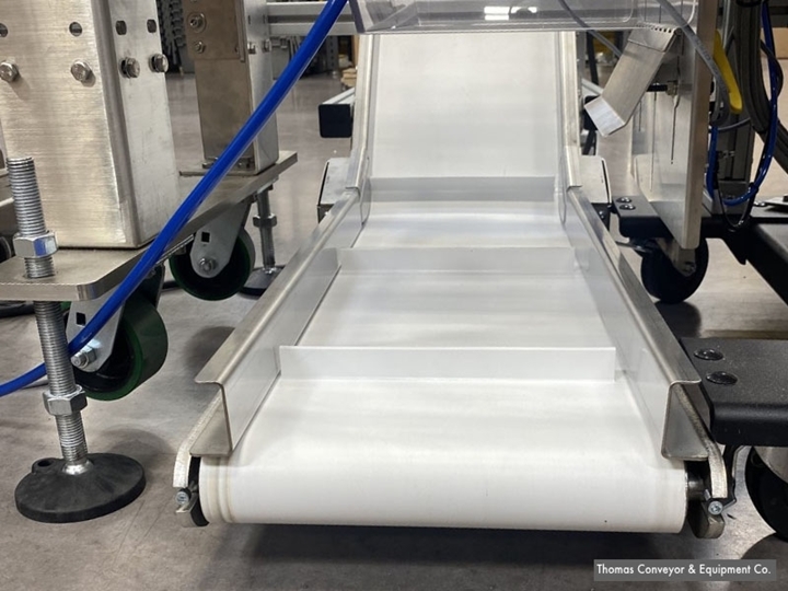 Aluminum frame incline parts conveyor ready to transport parrts