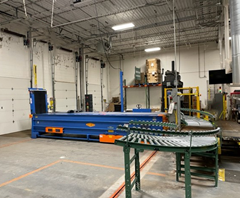 The Telescopic Traversing Truck Unloader is used for easy truck unloading. This unit extends to the back of a 53' truck for ease of unloading. It is mounted on two flush tracks that allows for service to multiple dock doors with only one unit.	